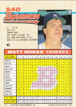 1992 Bowman #540 Matt Nokes Back