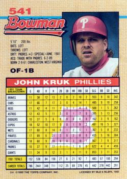 1992 Bowman #541 John Kruk Back