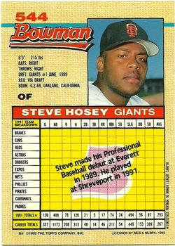 1992 Bowman #544 Steve Hosey Back