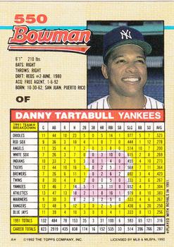 1992 Bowman #550 Danny Tartabull Back