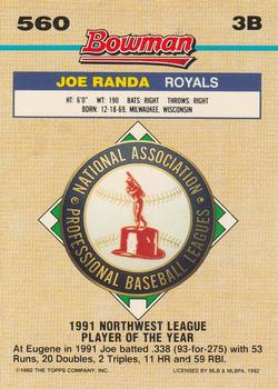 1992 Bowman #560 Joe Randa Back