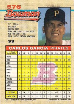 1992 Bowman #576 Carlos Garcia Back