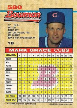 1992 Bowman #580 Mark Grace Back