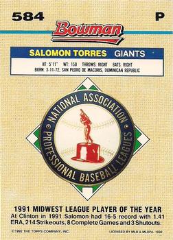 1992 Bowman #584 Salomon Torres Back