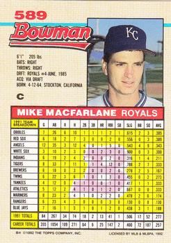 1992 Bowman #589 Mike Macfarlane Back