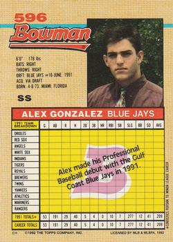 1992 Bowman #596 Alex Gonzalez Back