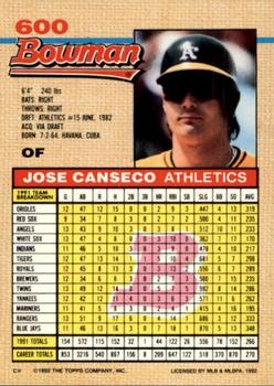 1992 Bowman #600 Jose Canseco Back