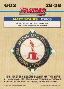 1992 Bowman #602 Matt Stairs Back
