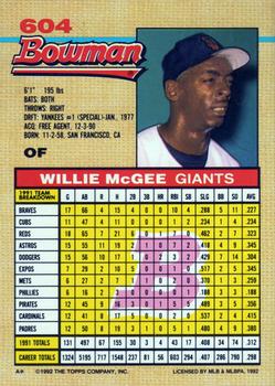 1992 Bowman #604 Willie McGee Back