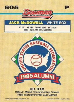 1992 Bowman #605 Jack McDowell Back