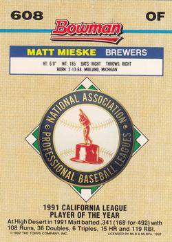 1992 Bowman #608 Matt Mieske Back