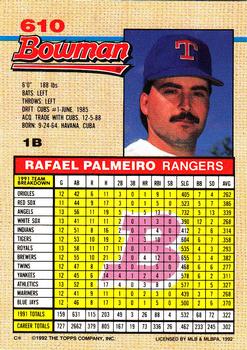 1992 Bowman #610 Rafael Palmeiro Back