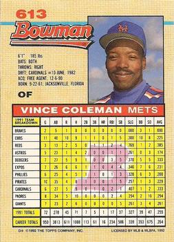 1992 Bowman #613 Vince Coleman Back