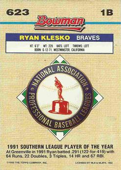 1992 Bowman #623 Ryan Klesko Back