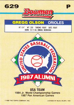 1992 Bowman #629 Gregg Olson Back