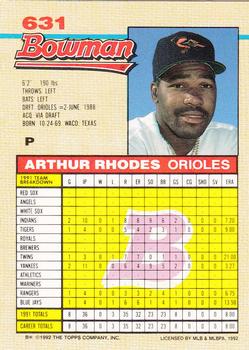 1992 Bowman #631 Arthur Rhodes Back