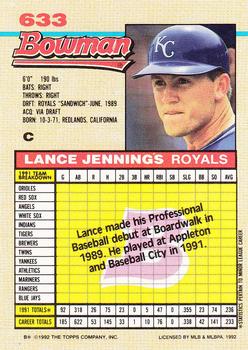 1992 Bowman #633 Lance Jennings Back