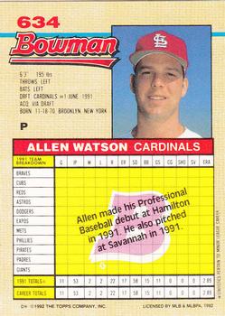 1992 Bowman #634 Allen Watson Back