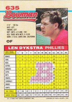 1992 Bowman #635 Len Dykstra Back