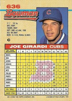1992 Bowman #636 Joe Girardi Back
