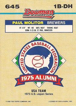 1992 Bowman #645 Paul Molitor Back