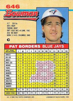 1992 Bowman #646 Pat Borders Back