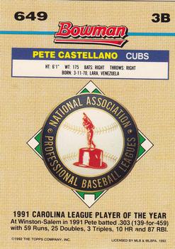 1992 Bowman #649 Pete Castellano Back