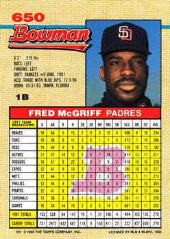1992 Bowman #650 Fred McGriff Back