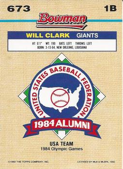1992 Bowman #673 Will Clark Back