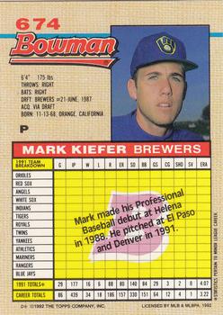 1992 Bowman #674 Mark Kiefer Back