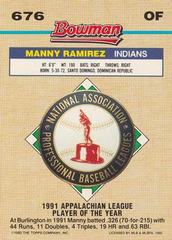 1992 Bowman #676 Manny Ramirez Back