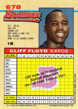 1992 Bowman #678 Cliff Floyd Back