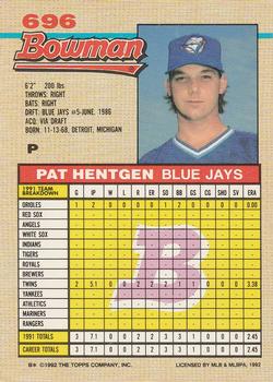 1992 Bowman #696 Pat Hentgen Back