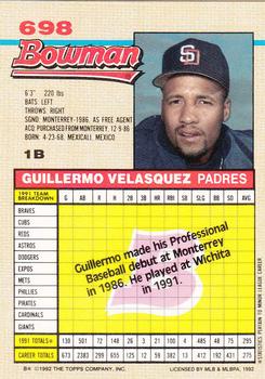 1992 Bowman #698 Guillermo Velasquez Back