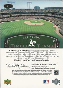 2004 Upper Deck Legends Timeless Teams - Autographs #91 Sal Bando Back