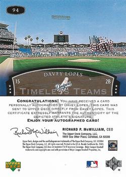 2004 Upper Deck Legends Timeless Teams - Autographs #94 Davey Lopes Back