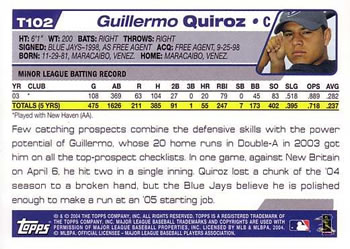 2004 Topps Traded & Rookies #T102 Guillermo Quiroz Back