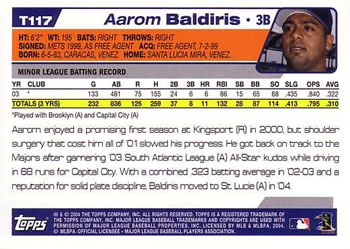 2004 Topps Traded & Rookies #T117 Aarom Baldiris Back