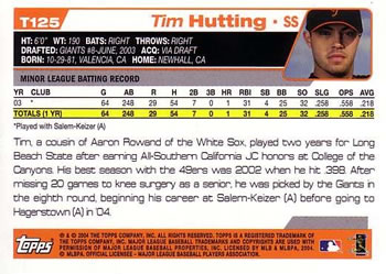 2004 Topps Traded & Rookies #T125 Tim Hutting Back