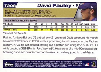 2004 Topps Traded & Rookies #T208 David Pauley Back