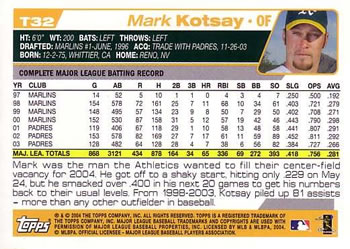 2004 Topps Traded & Rookies #T32 Mark Kotsay Back