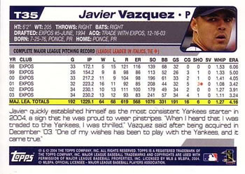 2004 Topps Traded & Rookies #T35 Javier Vazquez Back