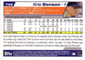 2004 Topps Traded & Rookies #T49 Kris Benson Back