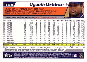 2004 Topps Traded & Rookies #T54 Ugueth Urbina Back