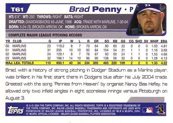 2004 Topps Traded & Rookies #T61 Brad Penny Back