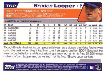 2004 Topps Traded & Rookies #T62 Braden Looper Back