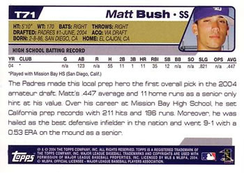 2004 Topps Traded & Rookies #T71 Matt Bush Back