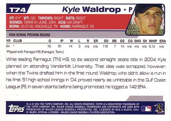 2004 Topps Traded & Rookies #T74 Kyle Waldrop Back