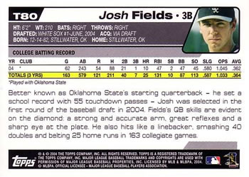 2004 Topps Traded & Rookies #T80 Josh Fields Back