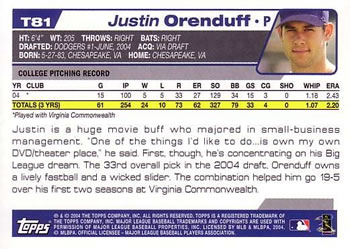 2004 Topps Traded & Rookies #T81 Justin Orenduff Back